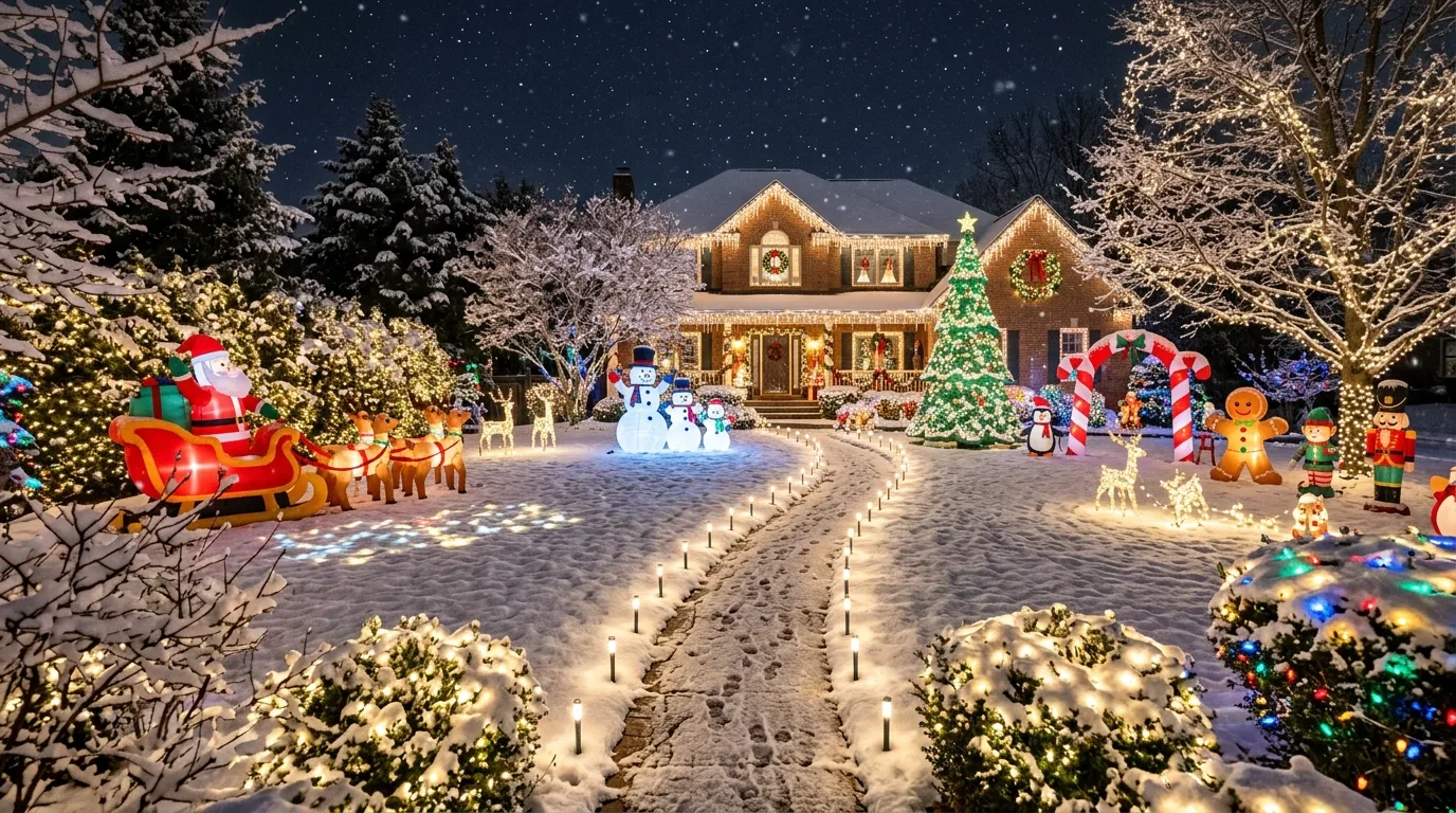Large Yard With Inflatables and Twinkling Lights